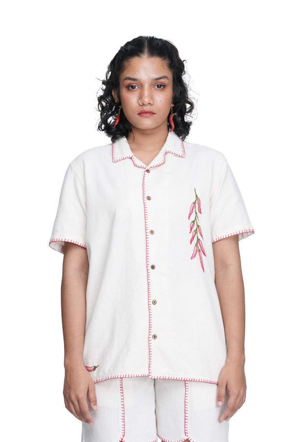 Hand Embroidered Unisex Chilli Handloom Shirt.