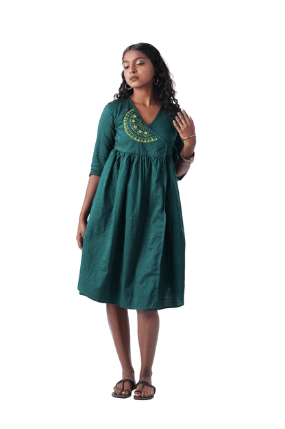 Dark Green Double shade handloom Wrap Dress