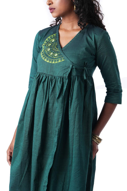Dark Green Double shade handloom Wrap Dress