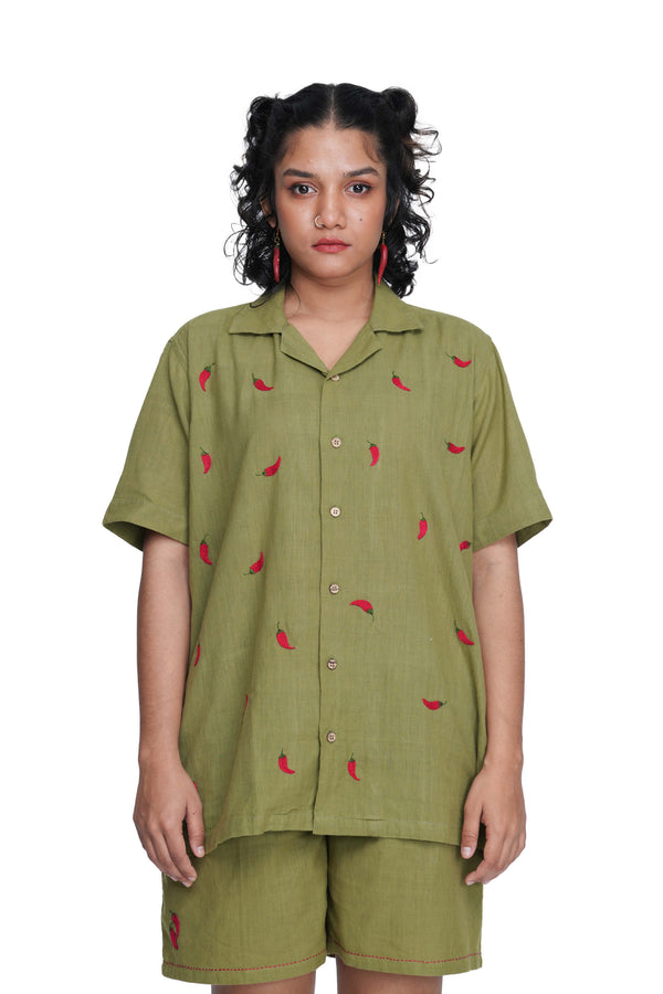 Hand Embroidered Unisex Chilli Green Handloom Cotton Shirt