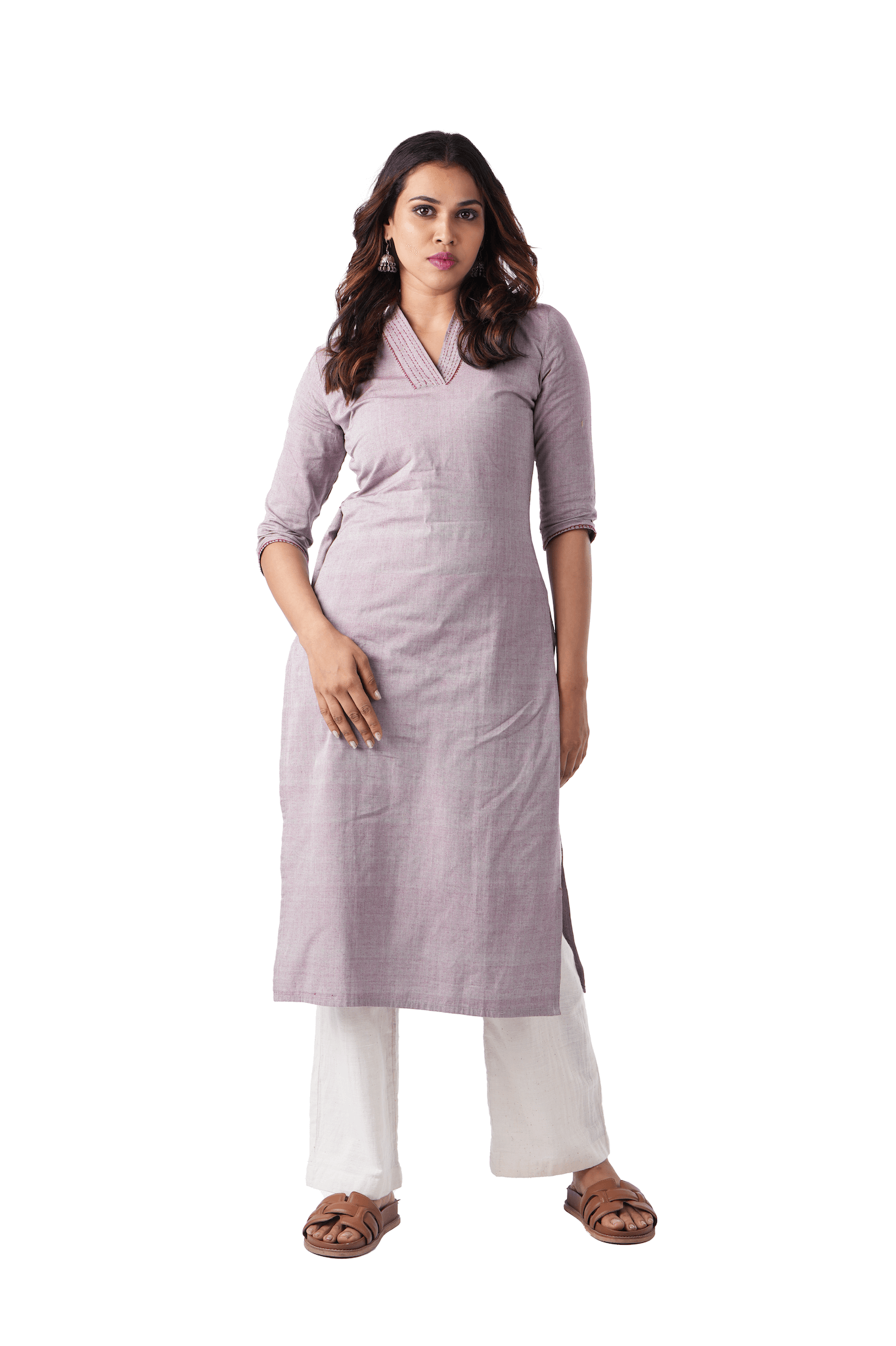 Handloom Light Purple Embroidered V-Neck Kurta