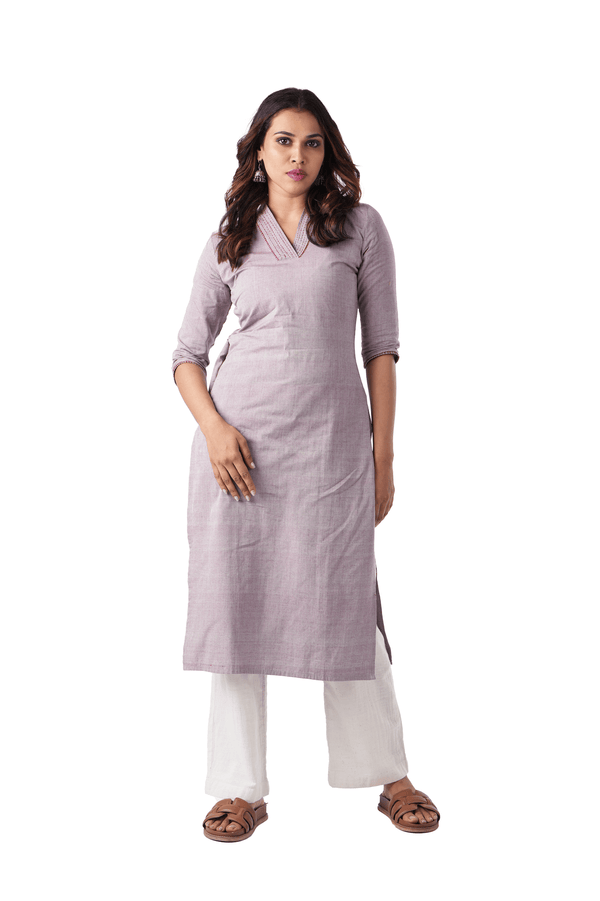 Handloom Light Purple Embroidered V-Neck Kurta