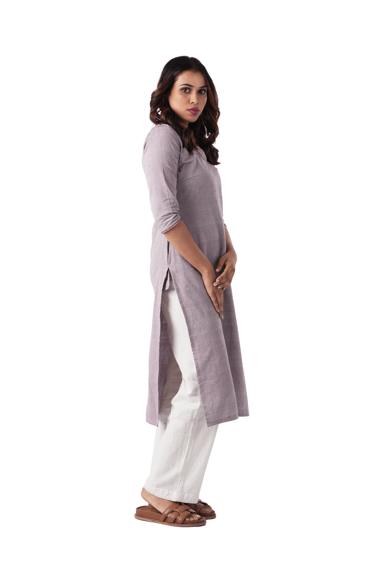 Handloom Light Purple Embroidered V-Neck Kurta