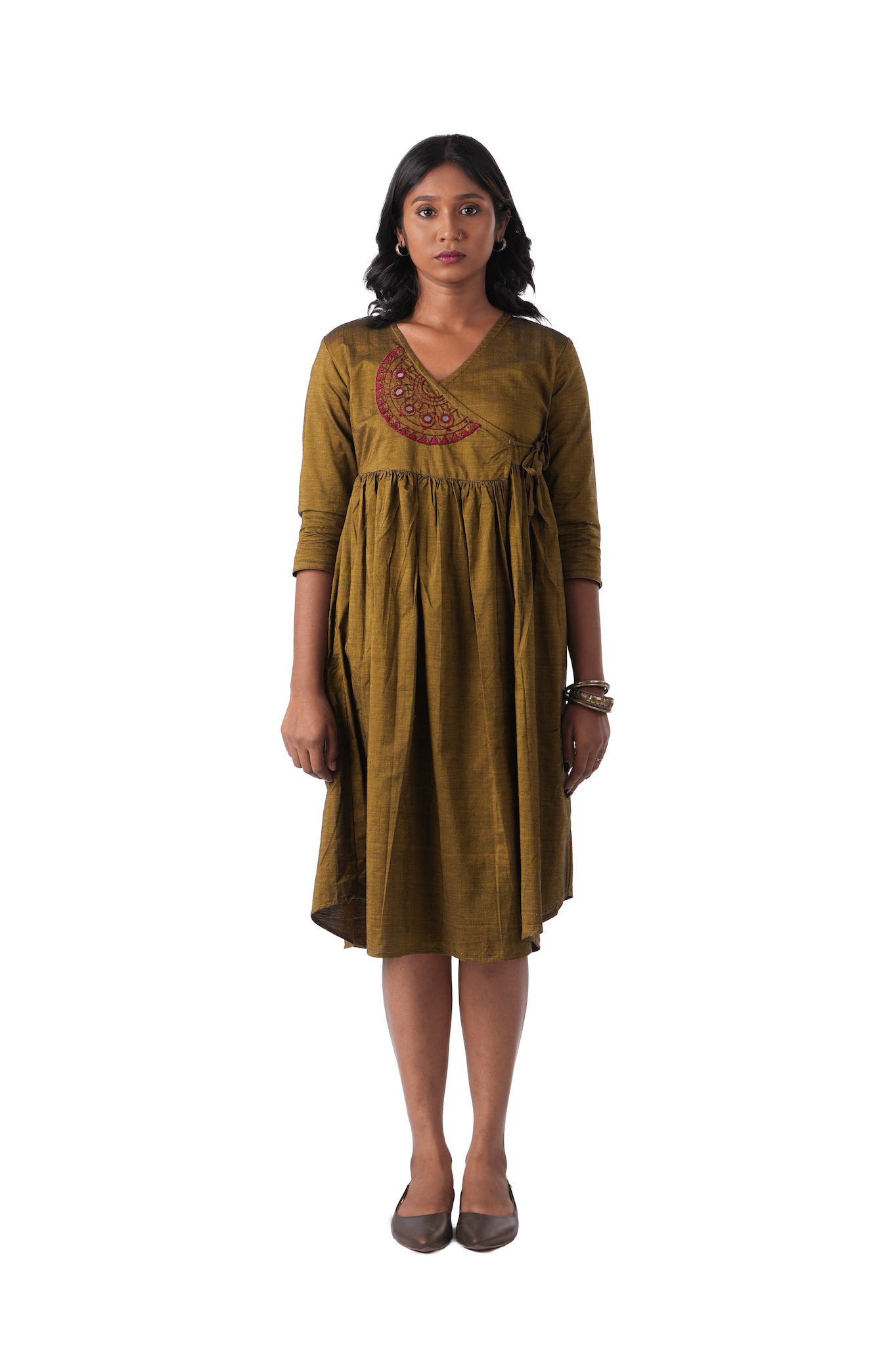 Olive Green Double shade handloom Wrap Dress