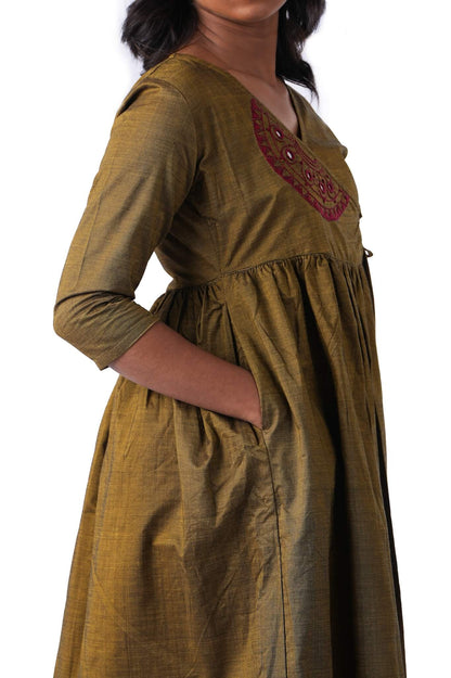 Olive Green Double shade handloom Wrap Dress