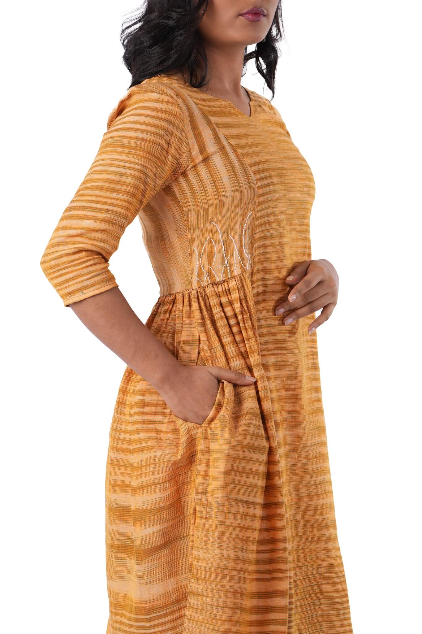 Yellow Handloom Kurta Dress with Side Embroidery