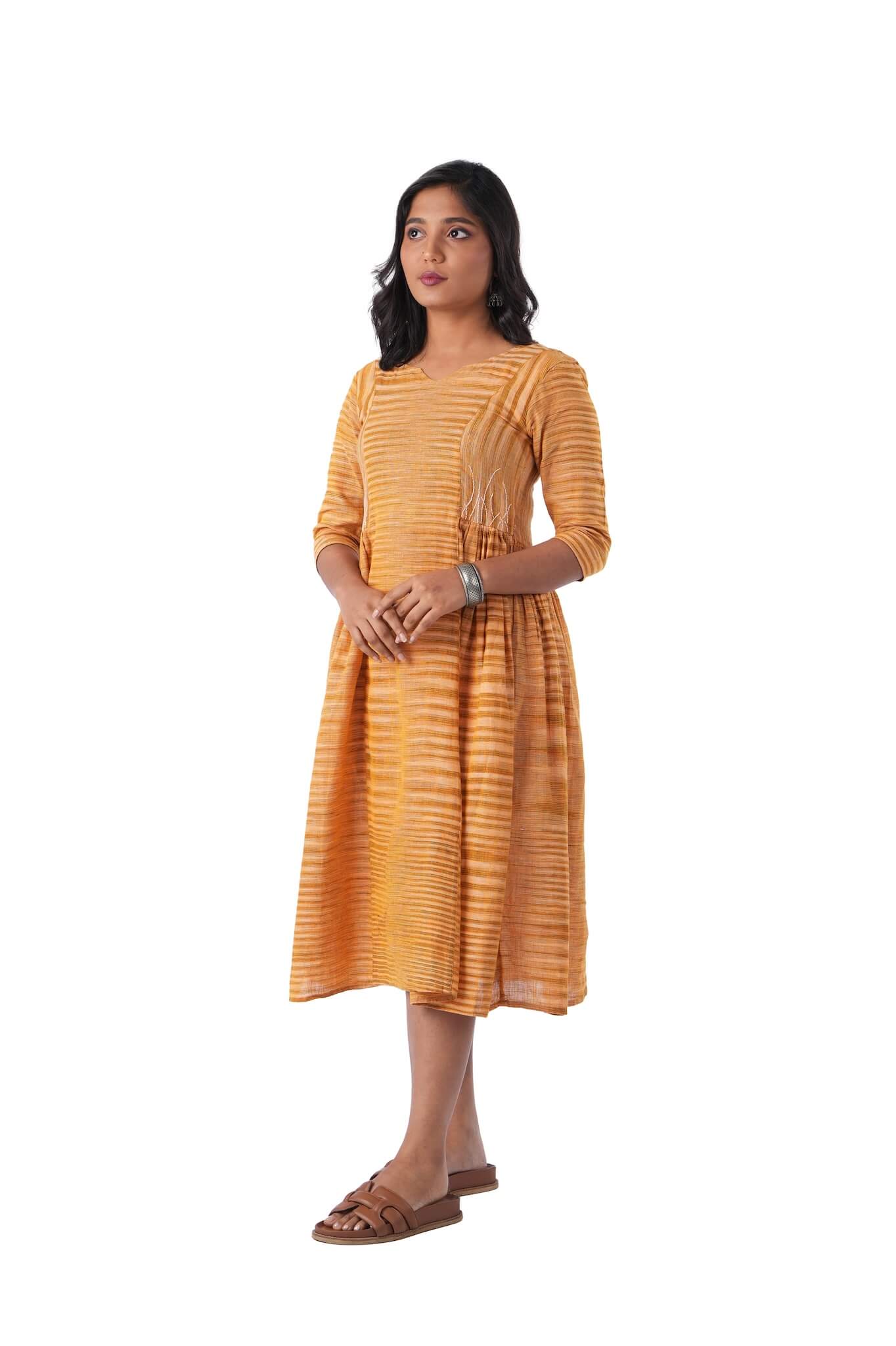 Yellow Handloom Kurta Dress with Side Embroidery