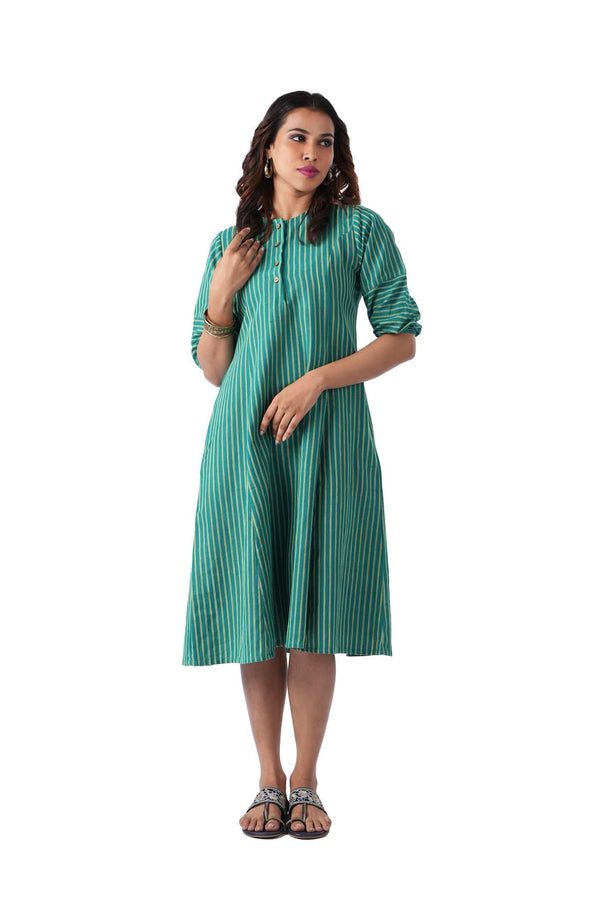 Green with yellow stripes A-line kurta dress