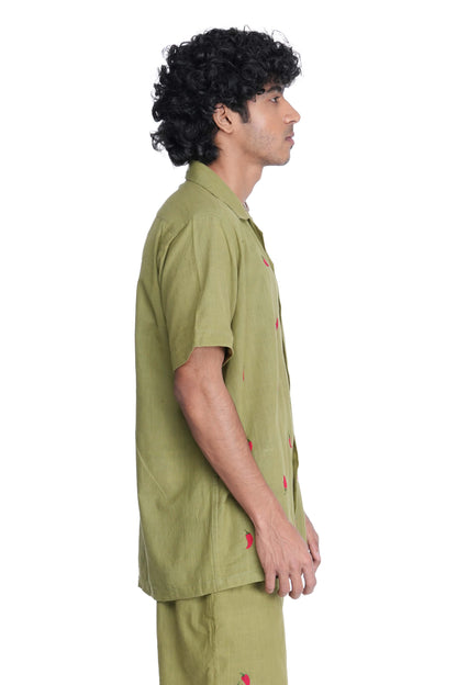 Hand Embroidered Unisex Chilli Green Handloom Cotton Shirt