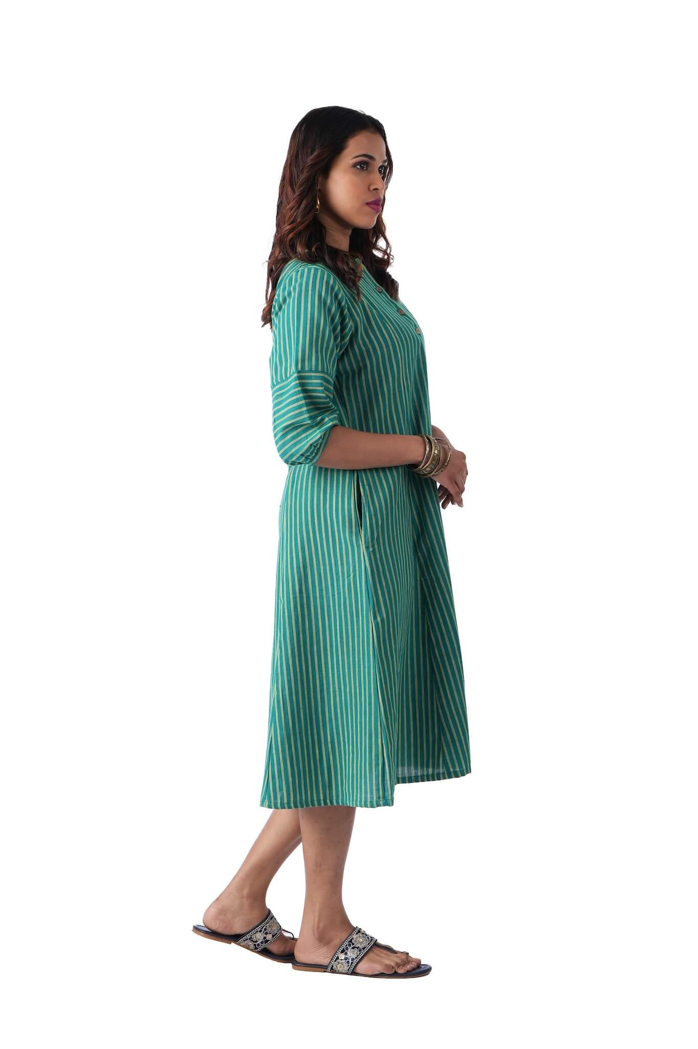Green with yellow stripes A-line kurta dress