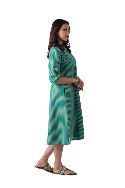 Green with yellow stripes A-line kurta dress