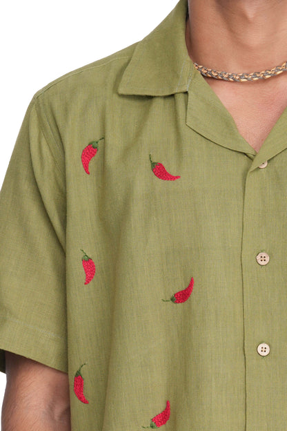 Hand Embroidered Unisex Chilli Green Handloom Cotton Shirt