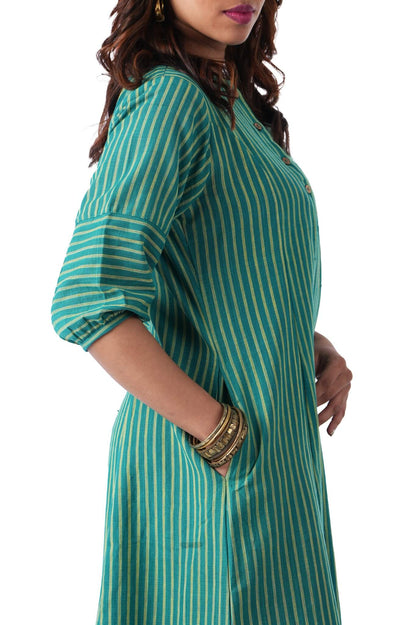Green with yellow stripes A-line kurta dress