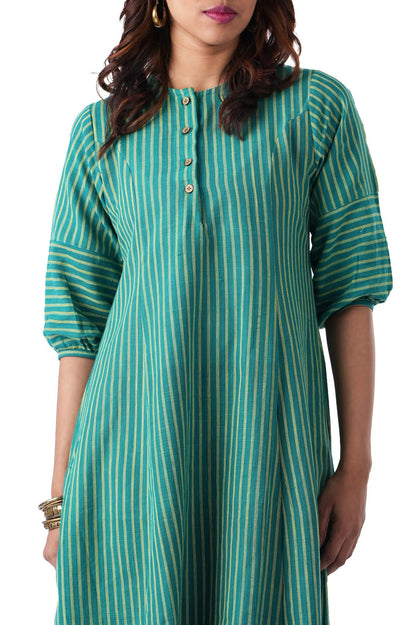 Green with yellow stripes A-line kurta dress