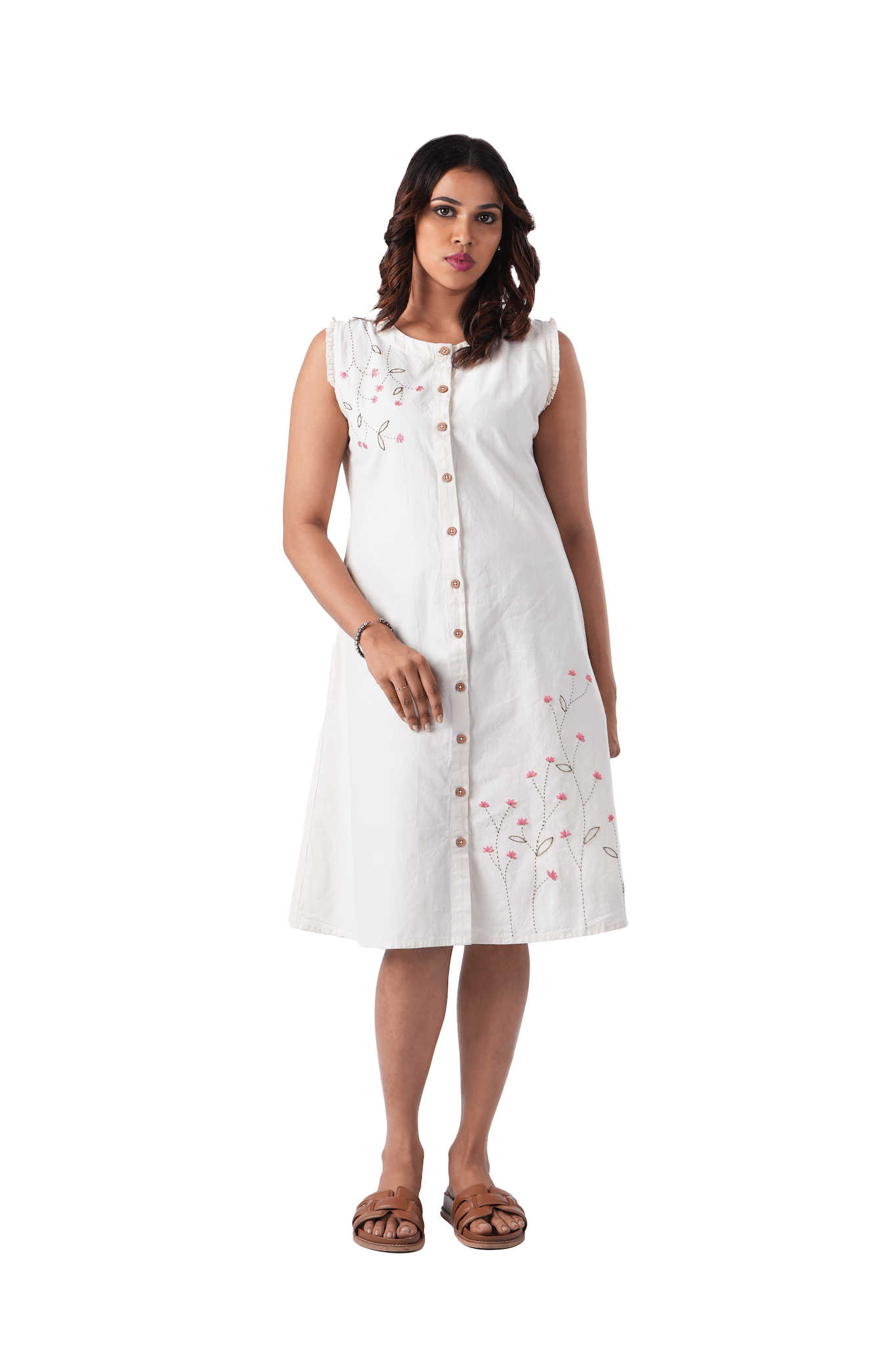 Sleeveless Pleated Dress with Floral Embroidery