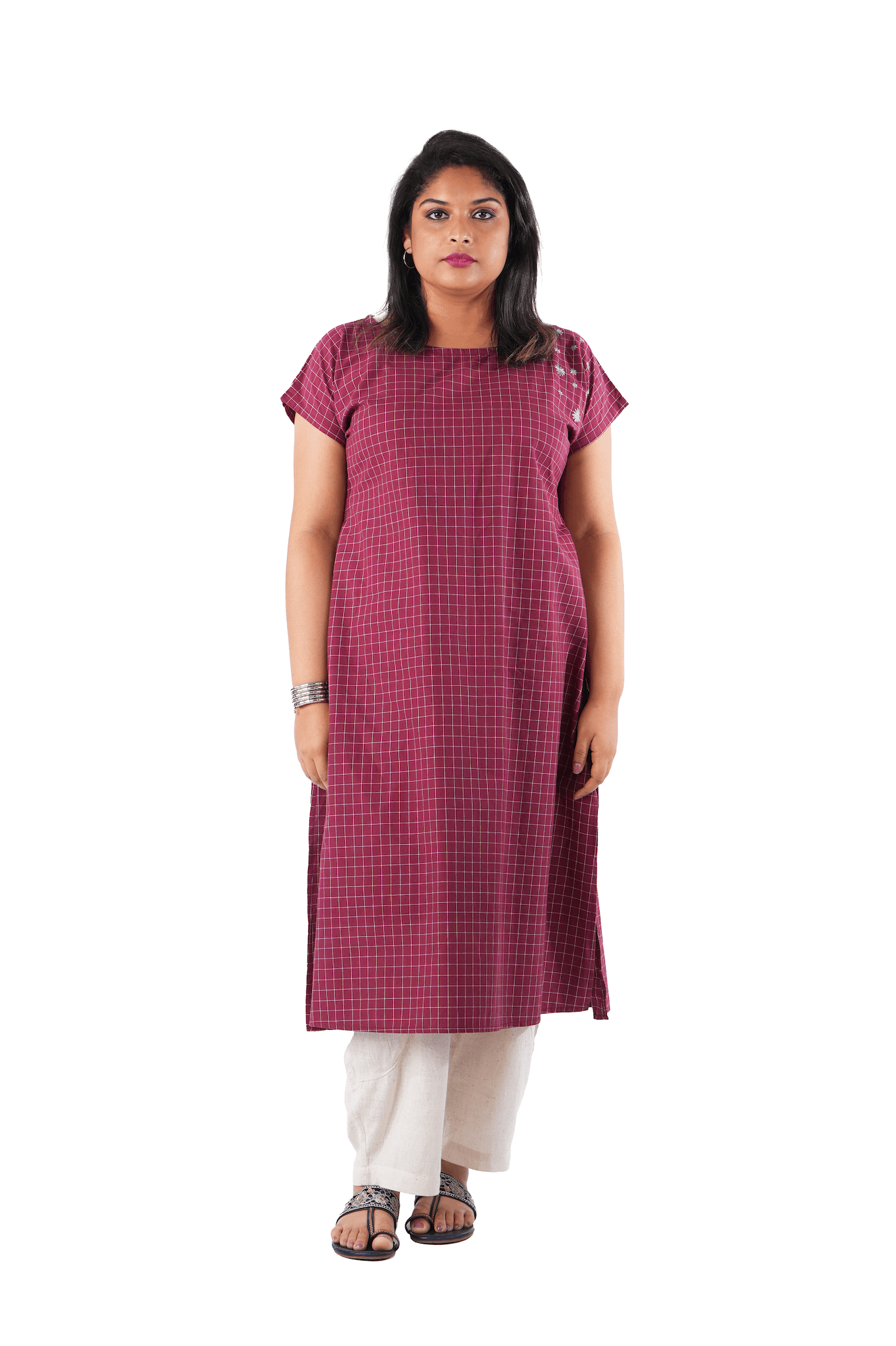 Maroon Check kurta with side Embroidery