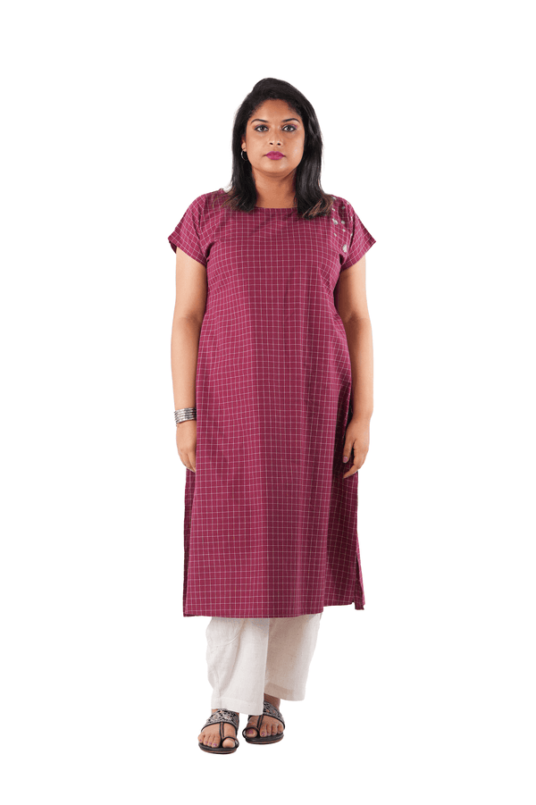 Maroon Check kurta with side Embroidery