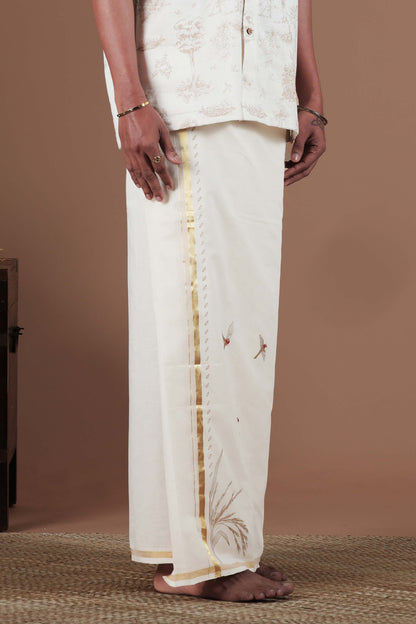Flying Parrot, Grain Motif Screen Printed & Hand Embroidered Mundu