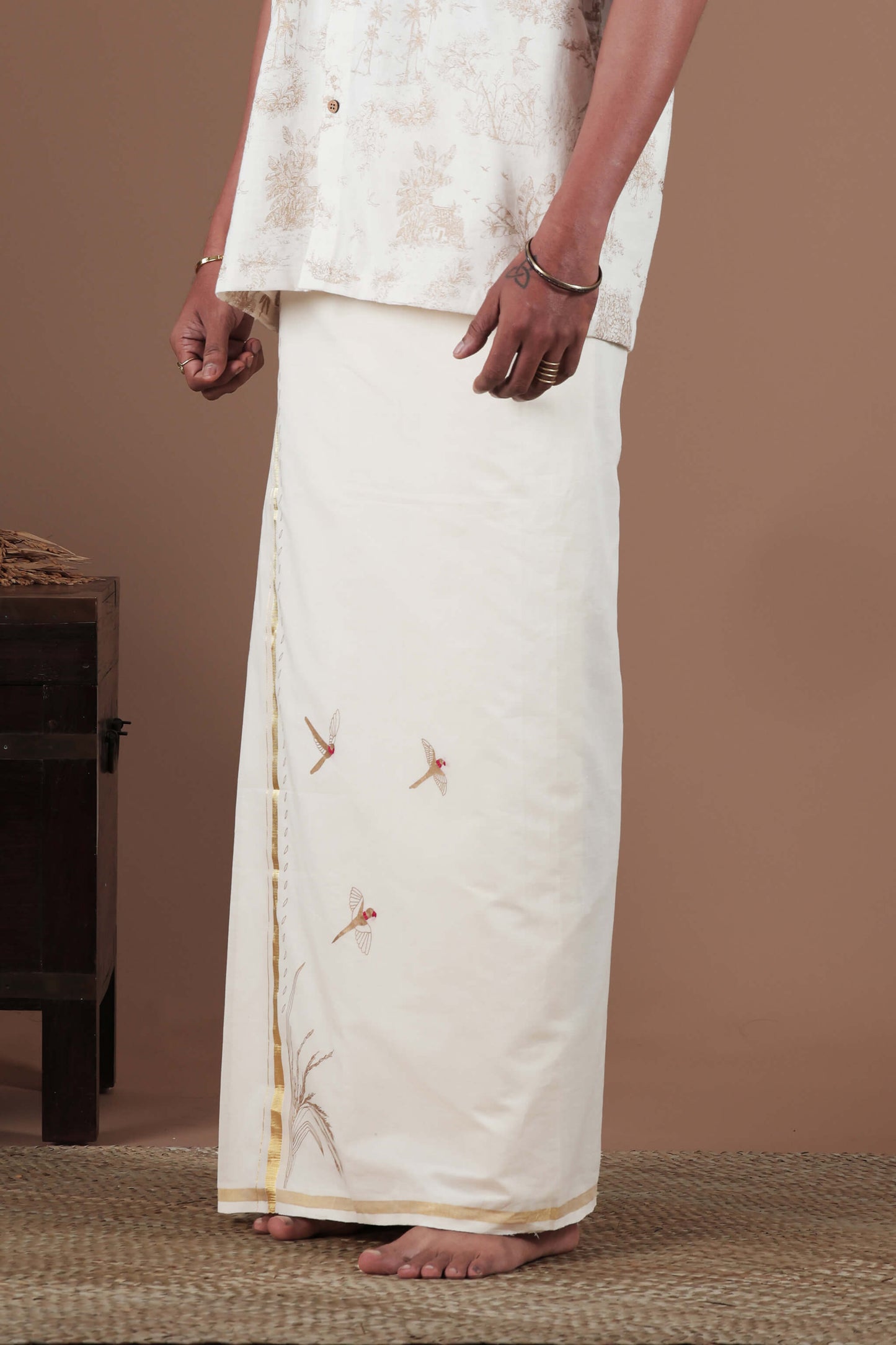 Flying Parrot, Grain Motif Screen Printed & Hand Embroidered Mundu