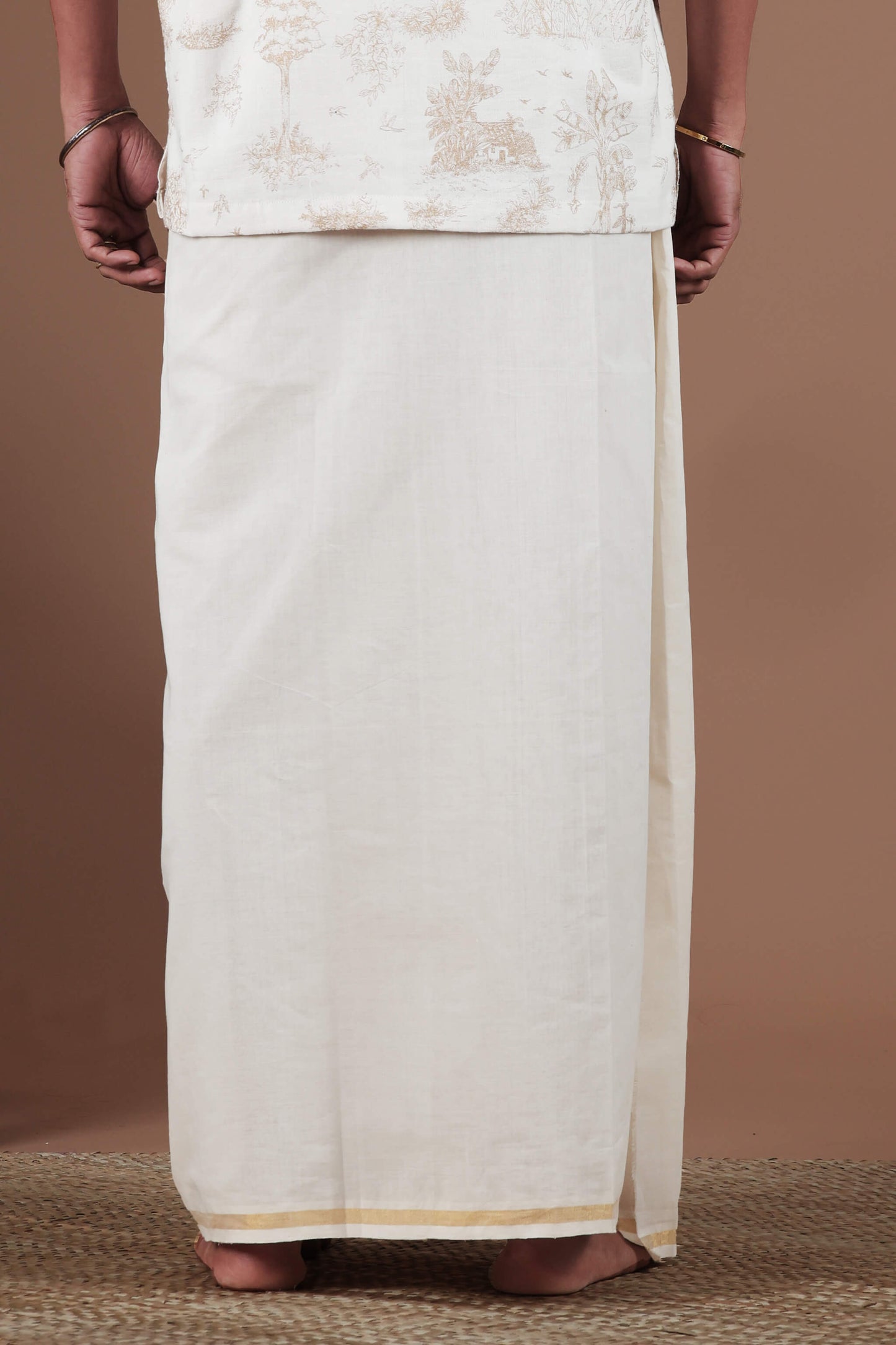 Flying Parrot, Grain Motif Screen Printed & Hand Embroidered Mundu