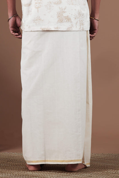 Flying Parrot, Grain Motif Screen Printed & Hand Embroidered Mundu