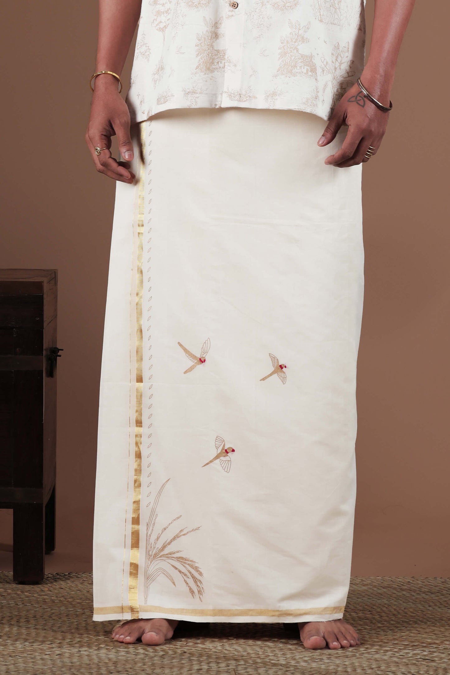 Flying Parrot, Grain Motif Screen Printed & Hand Embroidered Mundu