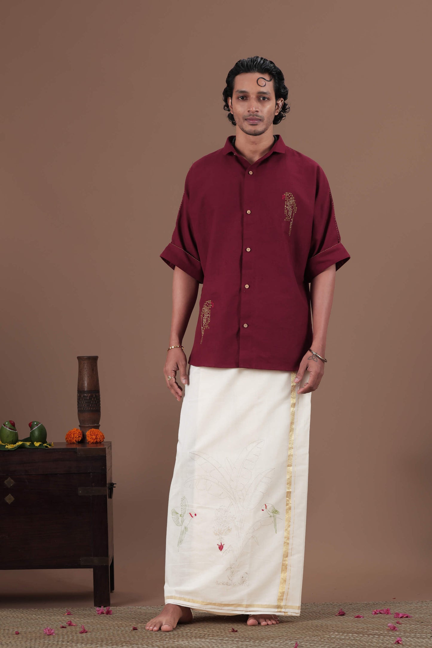 Cross stitch Parrot Motif Hand Embroidered Men's shirt