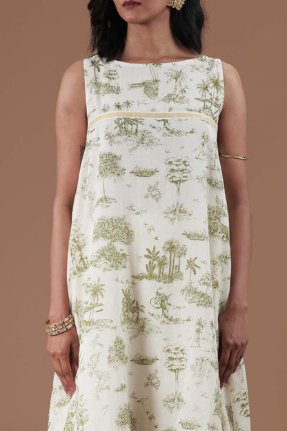 All over screen printed fabric dress