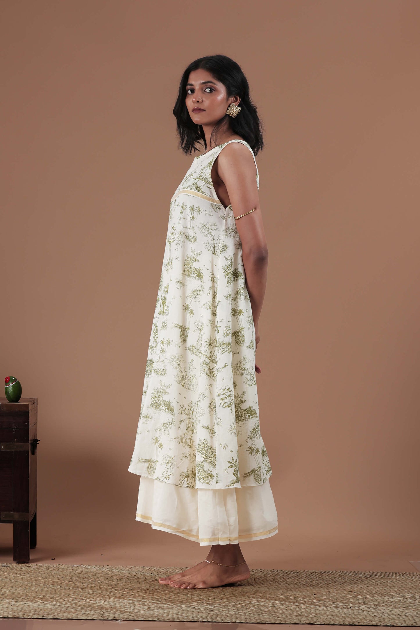 All over screen printed fabric dress