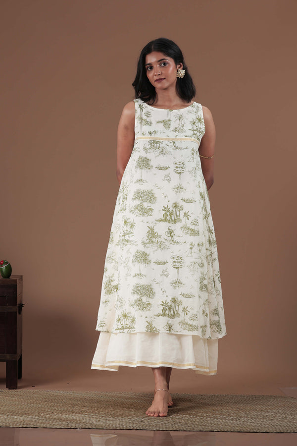 All over screen printed fabric dress
