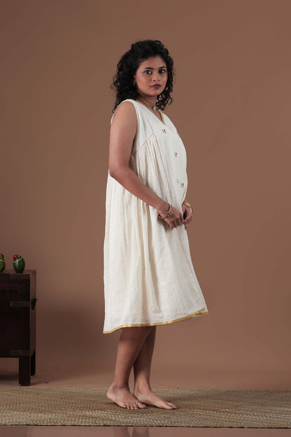 Hand Screen Printed panel and golden zari stripes dress