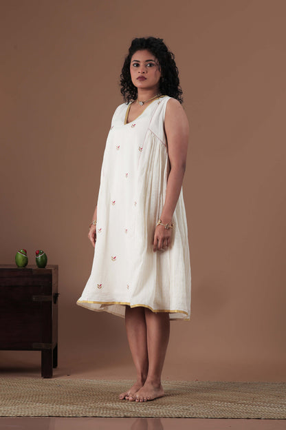 Hand Screen Printed panel and golden zari stripes dress