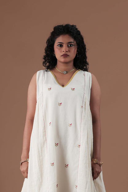 Hand Screen Printed panel and golden zari stripes dress