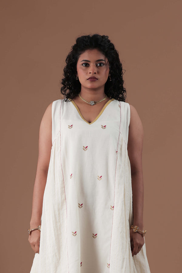 Hand Screen Printed panel and golden zari stripes dress