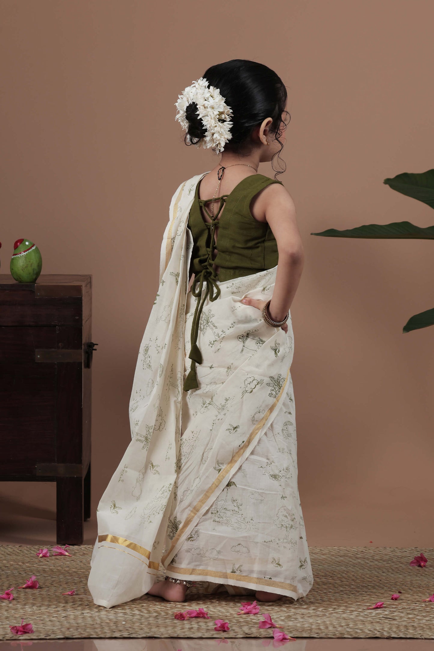 All over screen printed green Ready to wear saree with blouse