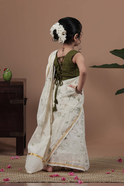 All over screen printed green Ready to wear saree with blouse