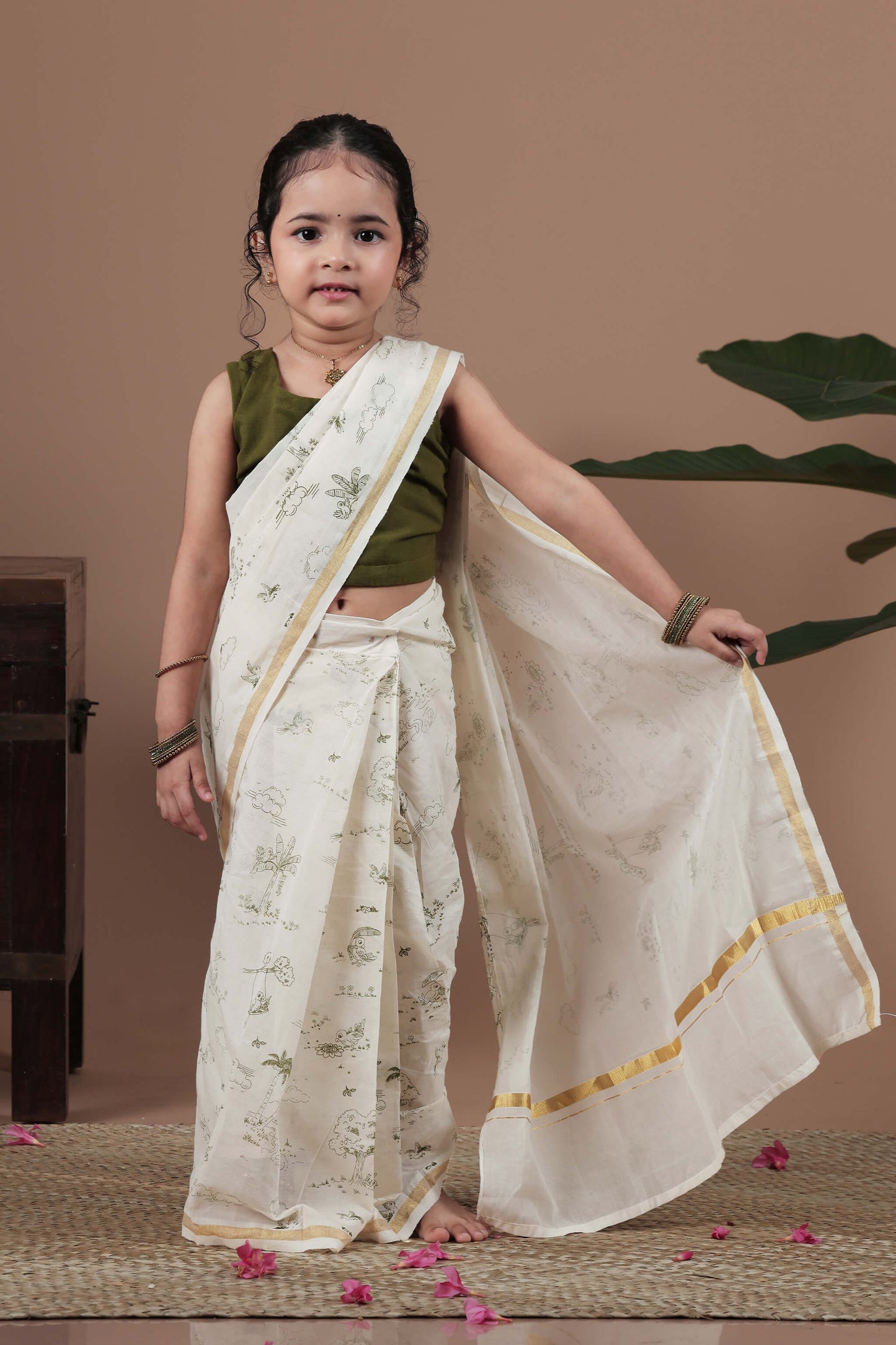 All over screen printed green Ready to wear saree with blouse