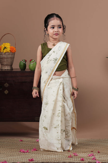 All over screen printed green Ready to wear saree with blouse