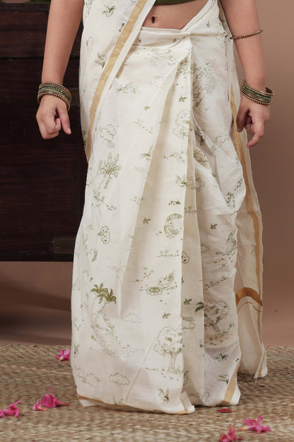 All over screen printed green Ready to wear saree with blouse