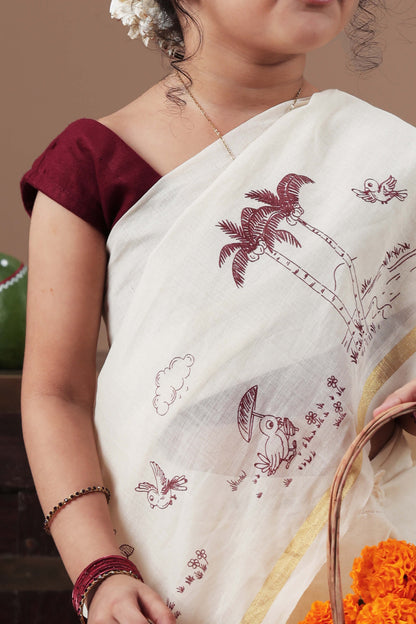 Kerala design screen printed border Saree with blouse
