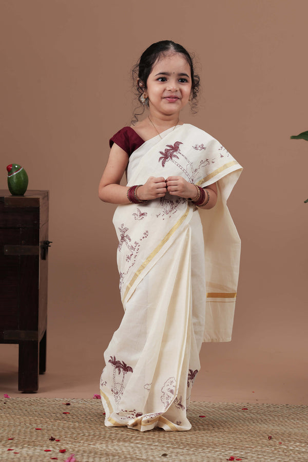 Kerala design screen printed border Saree with blouse