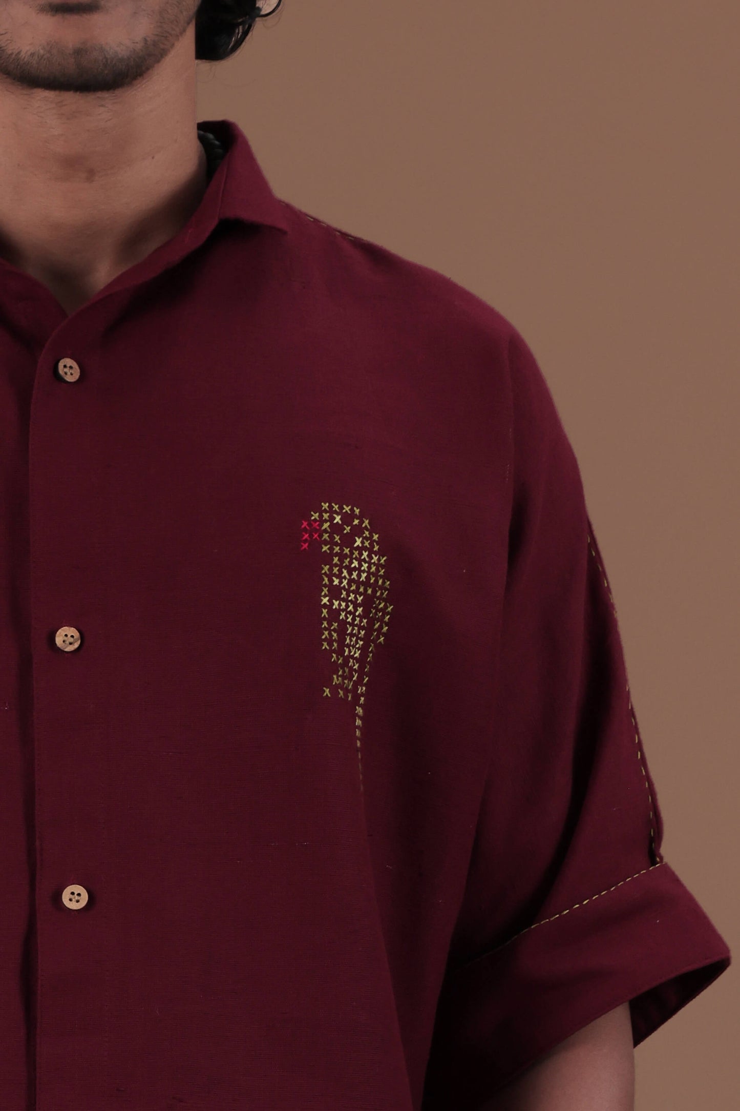 Cross stitch Parrot Motif Hand Embroidered Men's shirt