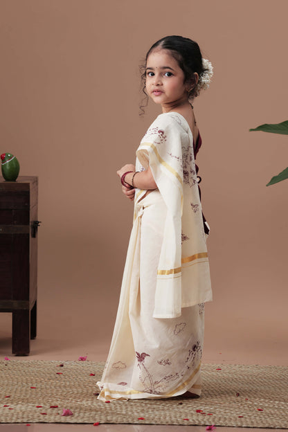 Kerala design screen printed border Saree with blouse