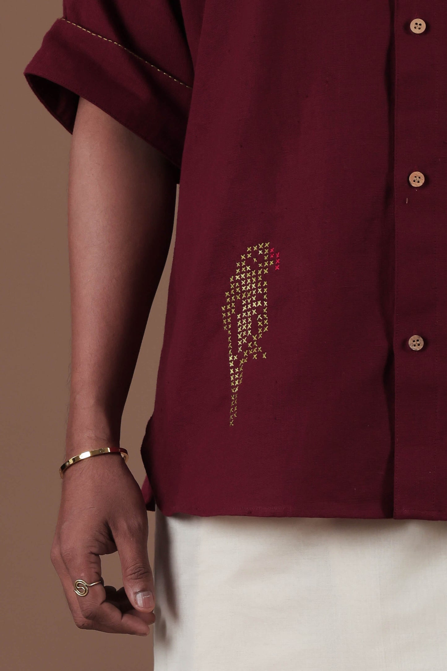 Cross stitch Parrot Motif Hand Embroidered Men's shirt