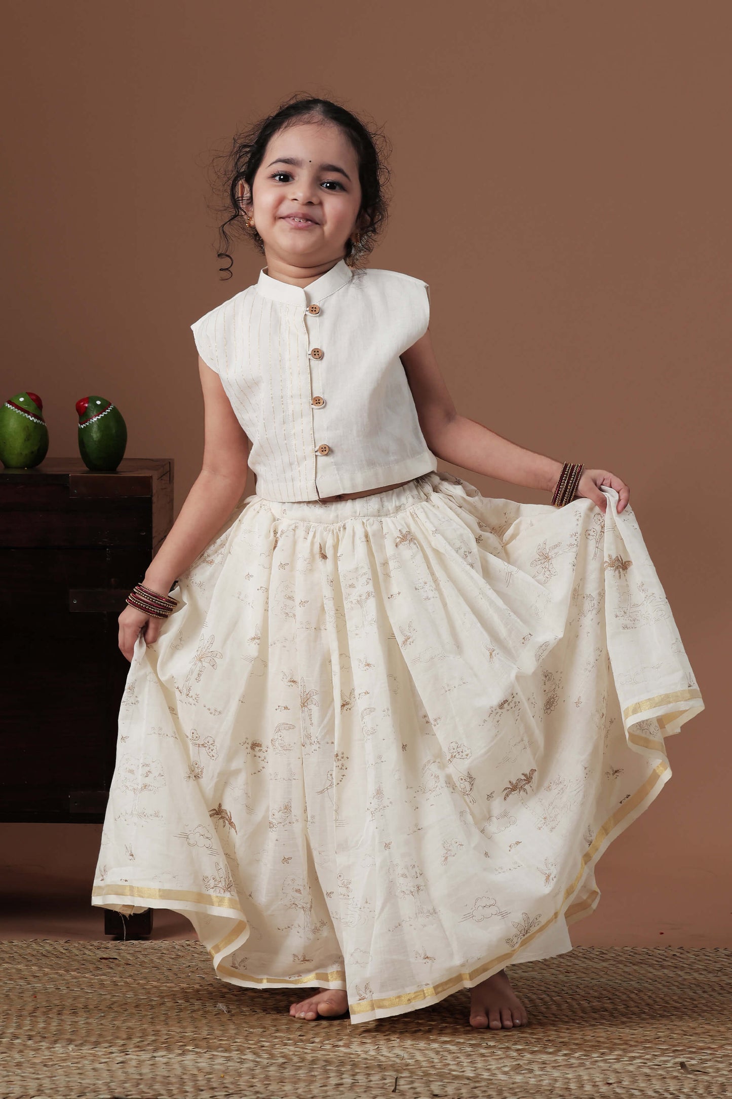 Golden all over screen print Crop Top and Skirt