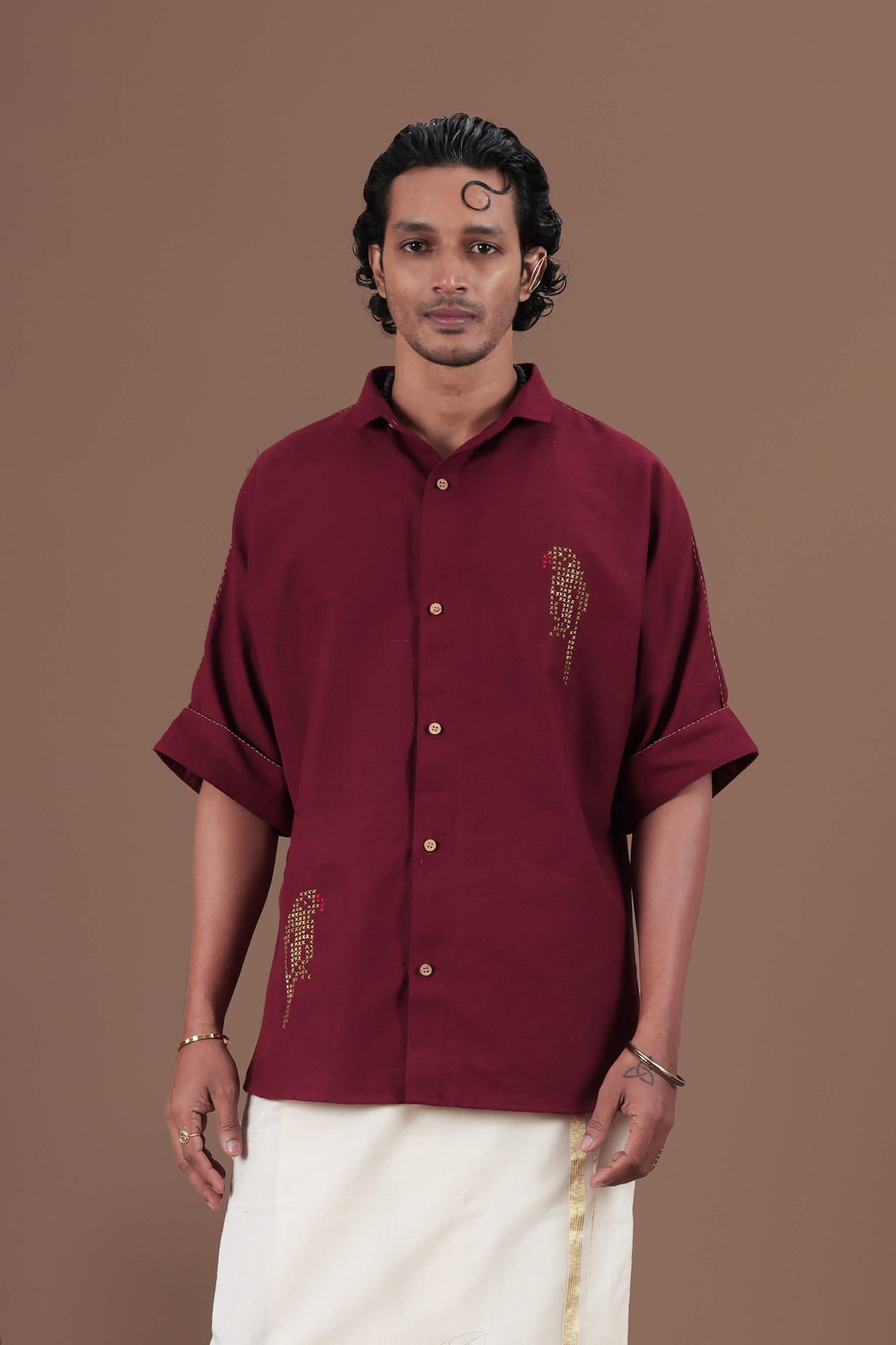 Cross stitch Parrot Motif Hand Embroidered Men's shirt