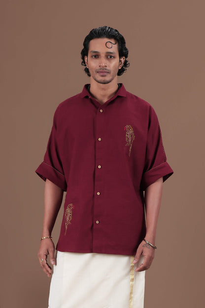 Cross stitch Parrot Motif Hand Embroidered Men's shirt