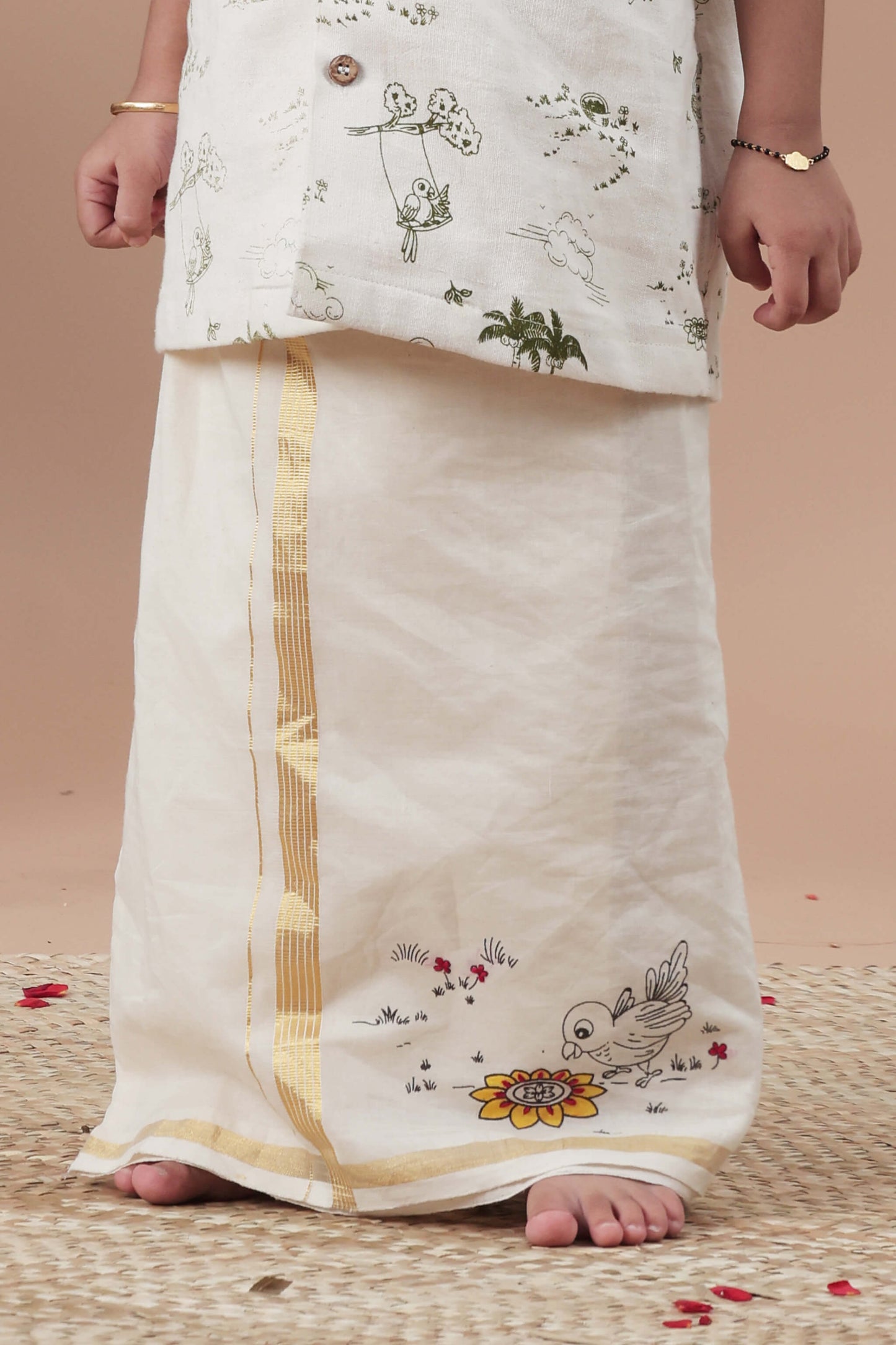 Parrot Doodle Screen Printed & Hand Painted Mundu for Kids