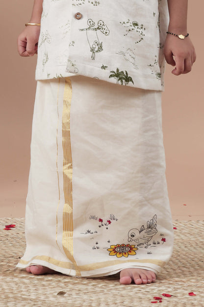 Parrot Doodle Screen Printed & Hand Painted Mundu for Kids