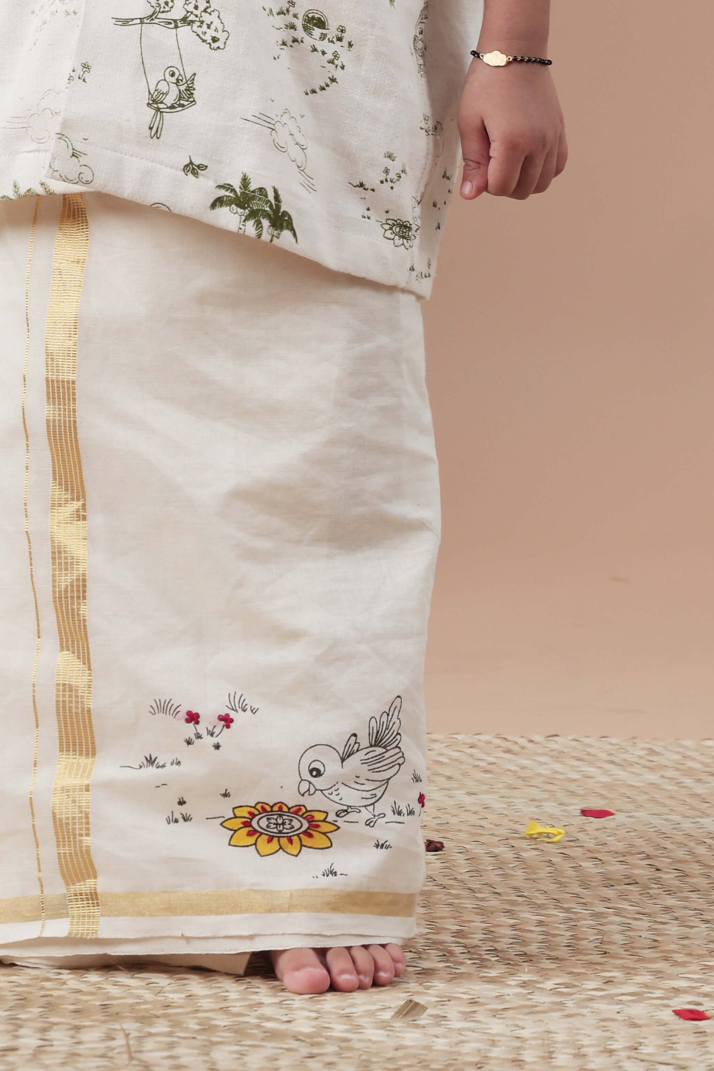 Parrot Doodle Screen Printed & Hand Painted Mundu for Kids